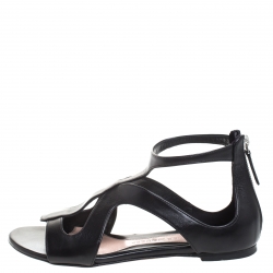 Pre Owned Alexander McQueen Black Leather Cutout Flat Sandals Size 38