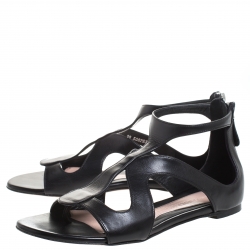 Pre Owned Alexander McQueen Black Leather Cutout Flat Sandals Size 38