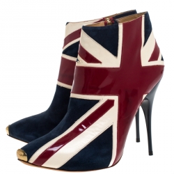 Pre Owned Alexander McQueen Tri Color Suede and Patent Leather Union Jack Ankle Boots Size 40