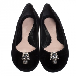 Pre Owned Alexander McQueen Black Velvet Skull Ballet Flats Size 40