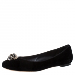 Pre Owned Alexander McQueen Black Velvet Skull Ballet Flats Size 40