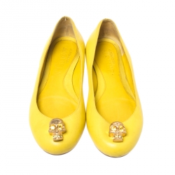 Pre Owned Alexander McQueen Yellow Leather Skull Ballet Flats Size 36