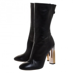 Pre Owned Alexander McQueen Black Leather Sculpted Heel Mid Calf Boots Size 41