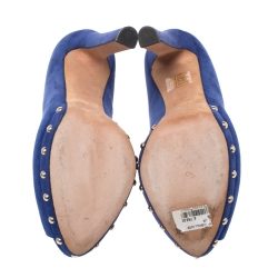 Pre Owned Alexander McQueen Blue Suede Crystal Embellished Skull Peep Toe Platform Pumps Size 38