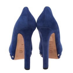 Pre Owned Alexander McQueen Blue Suede Crystal Embellished Skull Peep Toe Platform Pumps Size 38