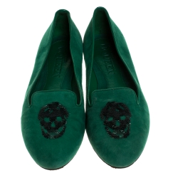 Pre Owned Alexander McQueen Green Suede Sequins Skull Smoking Slippers Size 38