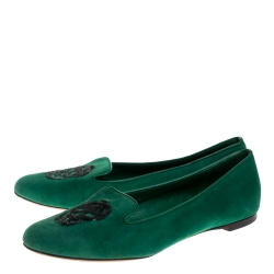 Pre Owned Alexander McQueen Green Suede Sequins Skull Smoking Slippers Size 38
