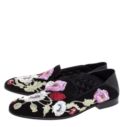 Pre Owned Alexander McQueen Black Floral Embroidered Suede And Leather Smoking Slippers Size 40