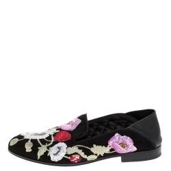Pre Owned Alexander McQueen Black Floral Embroidered Suede And Leather Smoking Slippers Size 40