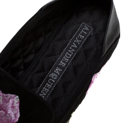 Pre Owned Alexander McQueen Black Floral Embroidered Suede And Leather Smoking Slippers Size 40