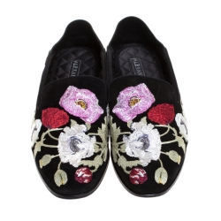 Pre Owned Alexander McQueen Black Floral Embroidered Suede And Leather Smoking Slippers Size 40