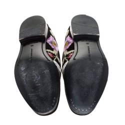 Pre Owned Alexander McQueen Black Floral Embroidered Suede And Leather Smoking Slippers Size 40