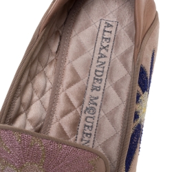 Pre Owned Alexander McQueen Beige Floral Embroidered Embroidered Suede And Leather Smoking Slippers Size 40
