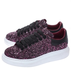 Pre Owned Alexander McQueen Metallic Pink/Black Glitter Platform Lace Up Sneakers Size 39