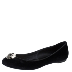 Pre Owned Alexander McQueen Black Suede Leather Skull Ballet Flats Size 39