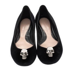Pre Owned Alexander McQueen Black Suede Leather Skull Ballet Flats Size 39