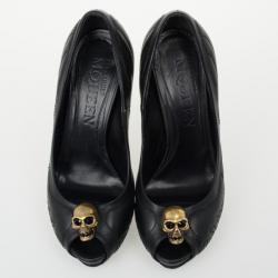 Pre Owned Alexander McQueen Studded Leather Skull Peep Toe Pumps Size 37.5