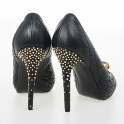 Pre Owned Alexander McQueen Studded Leather Skull Peep Toe Pumps Size 37.5