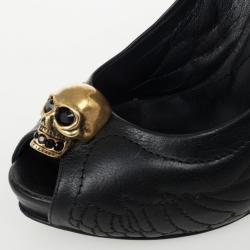 Pre Owned Alexander McQueen Studded Leather Skull Peep Toe Pumps Size 37.5