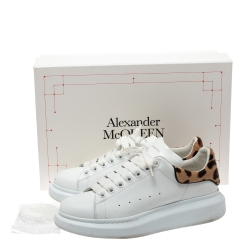 Pre Owned Alexander McQueen White Leather and Leopard Print Calf Hair Sneakers Size 41.5