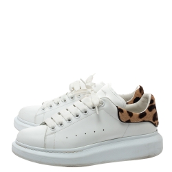 Pre Owned Alexander McQueen White Leather and Leopard Print Calf Hair Sneakers Size 41.5