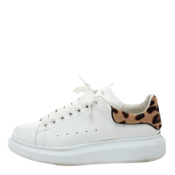 Pre Owned Alexander McQueen White Leather and Leopard Print Calf Hair Sneakers Size 41.5