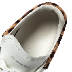 Pre Owned Alexander McQueen White Leather and Leopard Print Calf Hair Sneakers Size 41.5