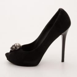 Pre Owned Alexander McQueen Black Suede Skull Peep Toe Pumps Size 37.5