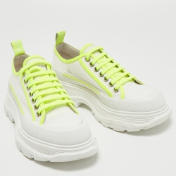 Pre Owned Alexander McQueen White/Neon Green Canvas and Rubber Slick Low Top Sneakers Size 40