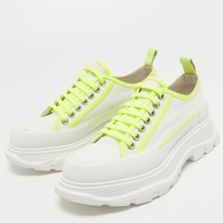Pre Owned Alexander McQueen White/Neon Green Canvas and Rubber Slick Low Top Sneakers Size 40