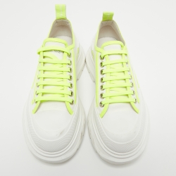 Pre Owned Alexander McQueen White/Neon Green Canvas and Rubber Slick Low Top Sneakers Size 40