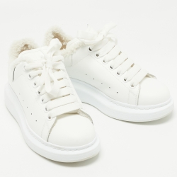 Pre Owned Alexander McQueen White Leather and  Shearling Trimmed Oversized Sneakers Size 36