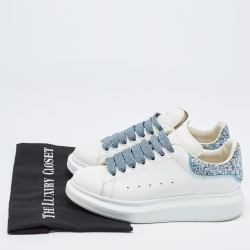Pre Owned Alexander McQueen White Leather and Glitter Oversized Sneakers Size 38.5