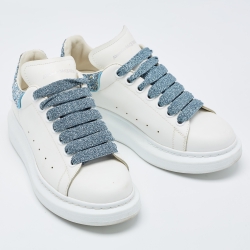 Pre Owned Alexander McQueen White Leather and Glitter Oversized Sneakers Size 38.5