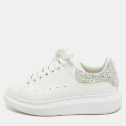 Pre Owned Alexander McQueen White Leather Crystal Embellished Oversized Sneakers Size 37