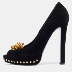 Pre Owned Alexander McQueen Black Suede Skull Embellished Peep Toe Pumps Size 40