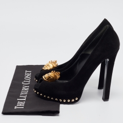 Pre Owned Alexander McQueen Black Suede Skull Embellished Peep Toe Pumps Size 40