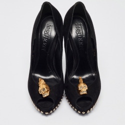 Pre Owned Alexander McQueen Black Suede Skull Embellished Peep Toe Pumps Size 40