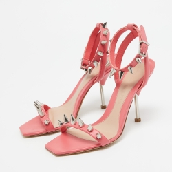 Pre Owned Alexander McQueen Pink Leather Spike Ankle Strap Sandals Size 36.5
