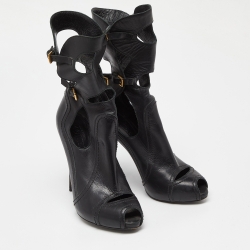 Alexander McQueen Black Leather Cut Out Peep Toe Ankle Boots Size 39.5