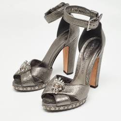 Pre Owned Alexander McQueen Metallic  Leather Crystal Embellished Skull Ankle Strap Sandals Size 39