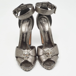 Pre Owned Alexander McQueen Metallic  Leather Crystal Embellished Skull Ankle Strap Sandals Size 39
