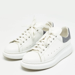 Pre Owned Alexander McQueen White/Silver Glitter and  Leather Oversized  Sneakers Size 40