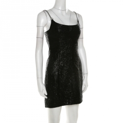 Alexander Wang Metallic Black Cotton Blend Tweed Chain Strap Detail Mini Dress S