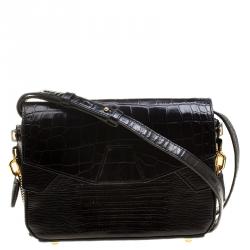 Alexander Wang Black Croc and Lizard Embossed Leather Tri Fold Shoulder Bag