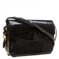 Alexander Wang Black Croc and Lizard Embossed Leather Tri Fold Shoulder Bag