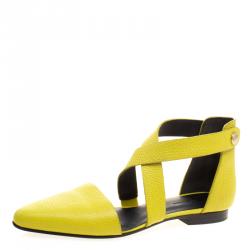 Alexander Wang Fluorescent Yellow Lizard Embossed Leather Tabea Cross Strap Flat Sandals Size 39.5