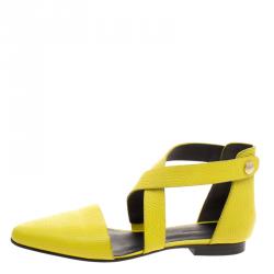 Alexander Wang Fluorescent Yellow Lizard Embossed Leather Tabea Cross Strap Flat Sandals Size 39.5