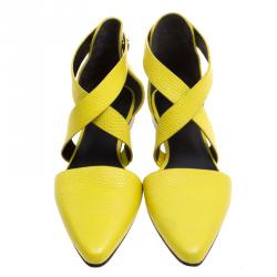 Alexander Wang Fluorescent Yellow Lizard Embossed Leather Tabea Cross Strap Flat Sandals Size 39.5
