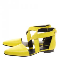 Alexander Wang Fluorescent Yellow Lizard Embossed Leather Tabea Cross Strap Flat Sandals Size 39.5
